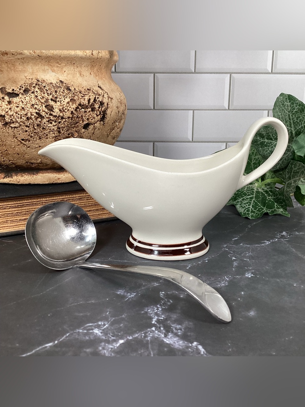 Vintage Bryan China Restaurant Ware Brown White Gravy Boat with Ladle, Sauce